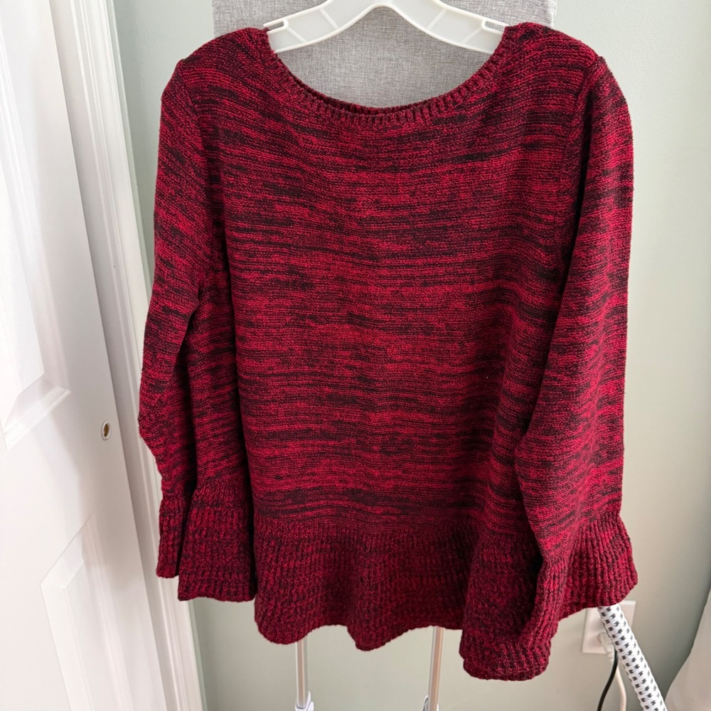 Style & Co Sweater 2X Red Black Marled Knit Ruffle Bell Sleeve Boho Plus Size